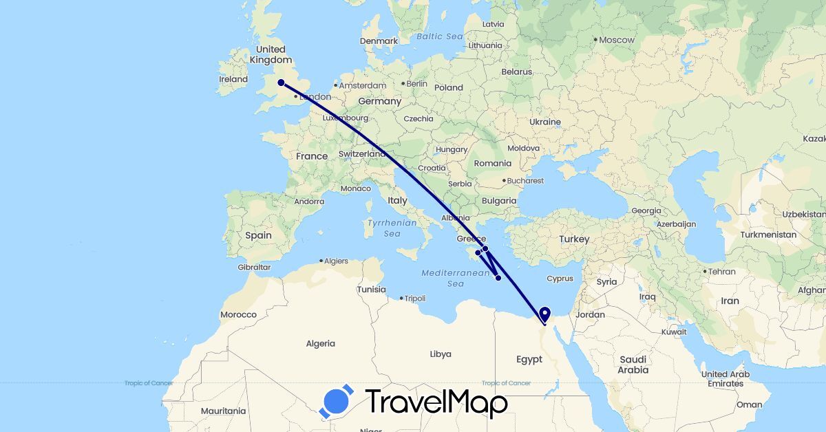 TravelMap itinerary: driving in Egypt, United Kingdom, Greece (Africa, Europe)